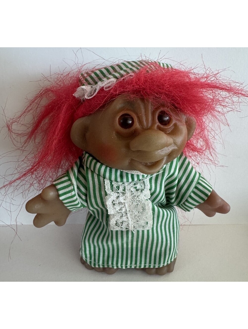 Vintage 1986 DAM Troll Doll Red Hair Green Stripe Outfit Hat 5” Norfin